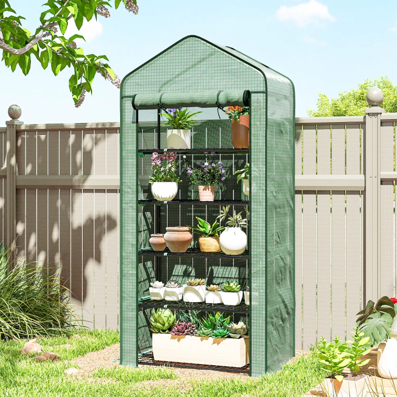 Outsunny 5 Tier Mini Greenhouse, Small Portable Greenhouse with PE Cover, Roll-Up Zippered Door, 76" x 35.4" x 19.3", Green