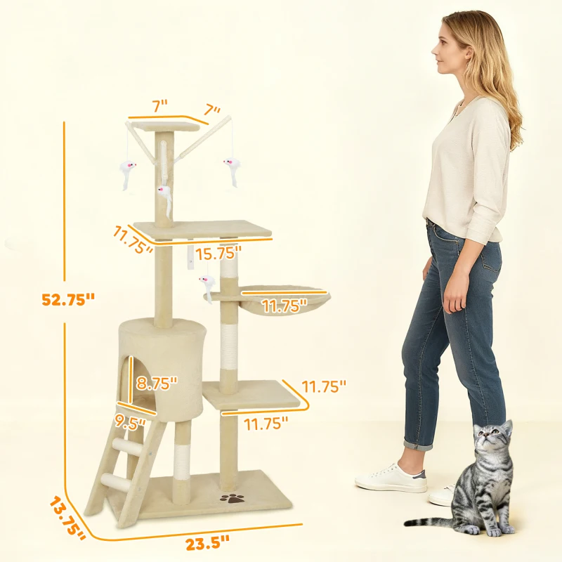 PawHut 53" Plush Sturdy Interactive Cat Condo Tower Scratching Post Activity Tree House - Beige