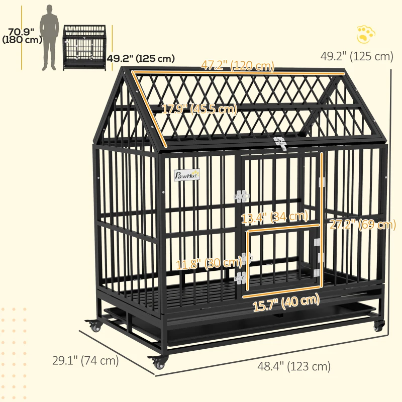 PawHut 49" Heavy Duty Dog Crate with Removable Tray, Doors, Openable Roof, for Large and Extra Large Dogs, Black