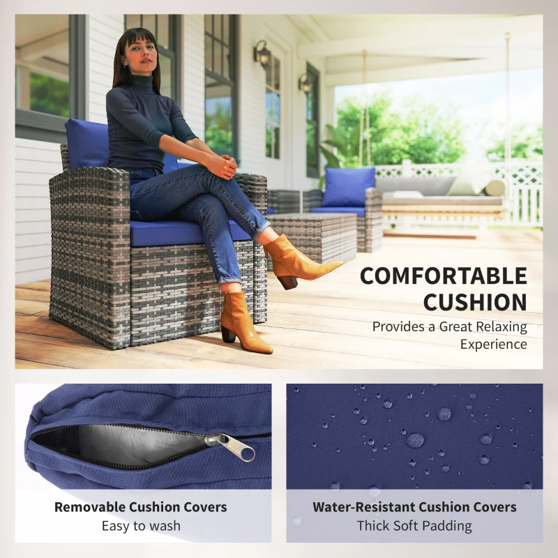 Outsunny 6 Pieces Wicker Patio Furniture Set with Cushions, 7-Seater Rattan Patio Sofa Set with Storage Table, Navy Blue