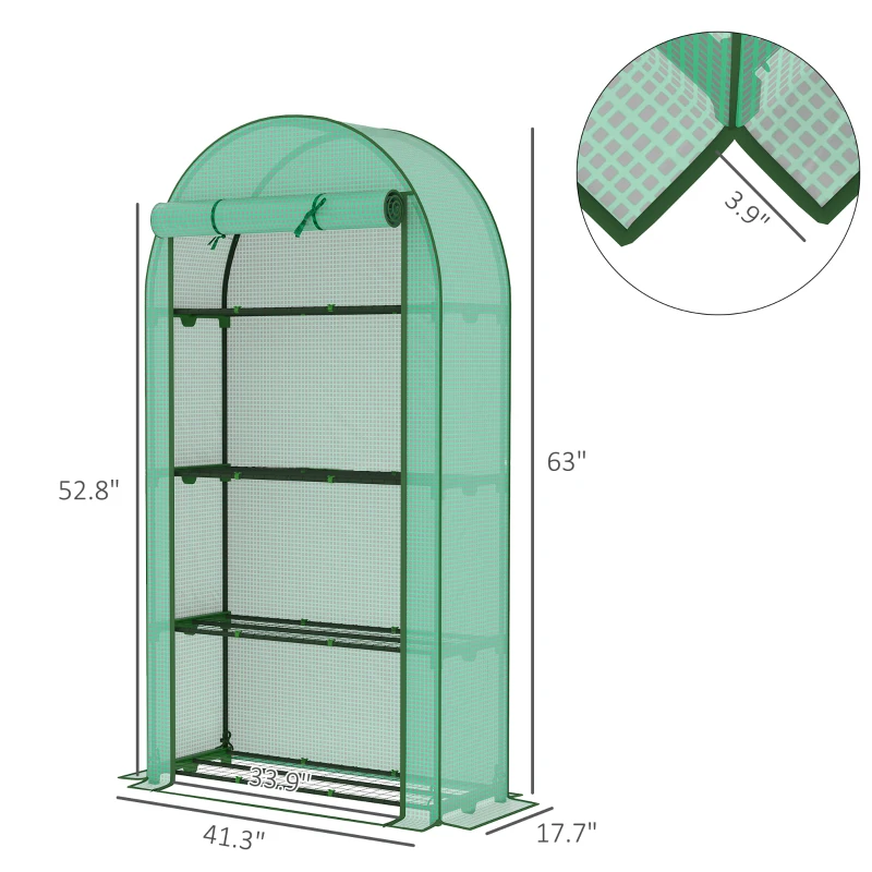 Outsunny Mini Greenhouse, Portable Greenhouse with 4 Tier Shelves, Roll-Up Door, and Plastic Cover, 41.3" x 17.7" x 63", Green