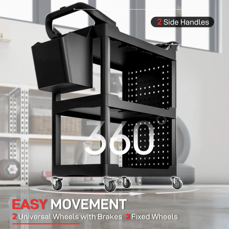 HOMCOM 3-Tier Rolling Tool Cart, 200 LBS Capacity Plastic Utility Cart with Side Shelf and Storage Bucket, Black