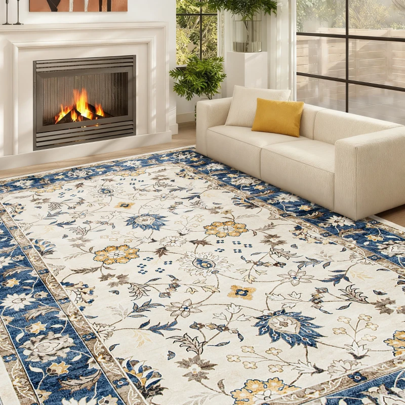 HOMCOM Machine Washable Area Rug 5x7, Non-Slip Boho Floral Print Floor Carpet for Living Room, Bedroom, Dining Room, Blue