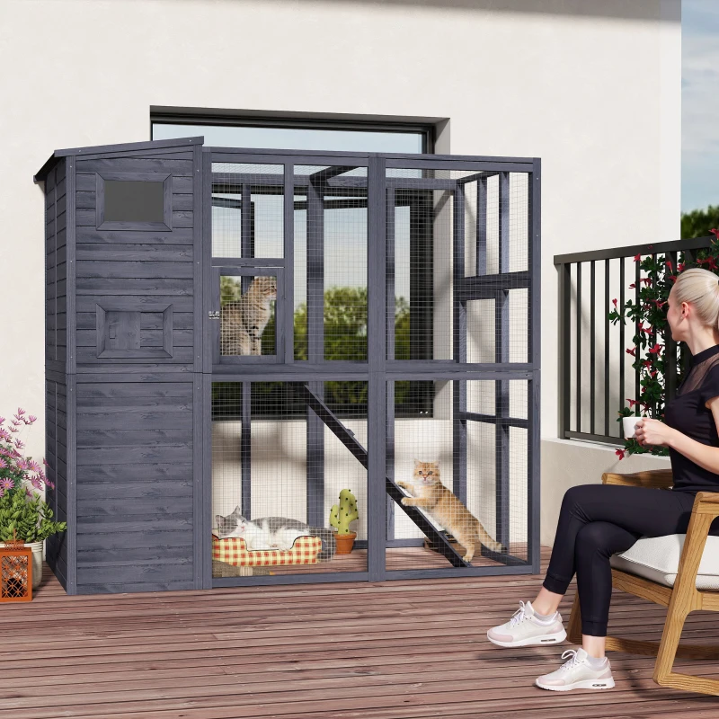 PawHut Wooden Outdoor Catio with Platforms, Asphalt Roof, Ramps, Gray