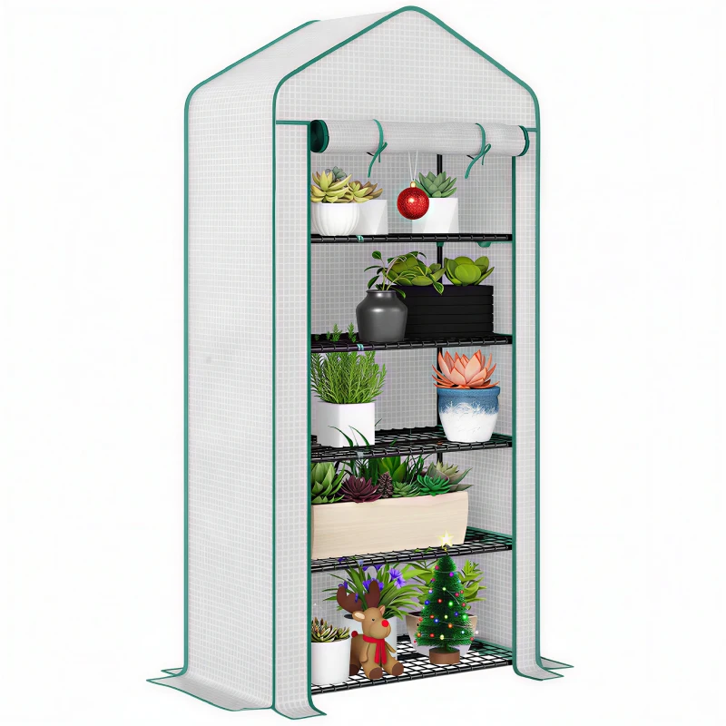 Outsunny 5 Tier Mini Greenhouse, Small Portable Greenhouse with PE Cover, Roll-Up Zippered Door, 76" x 35.4" x 19.3", White