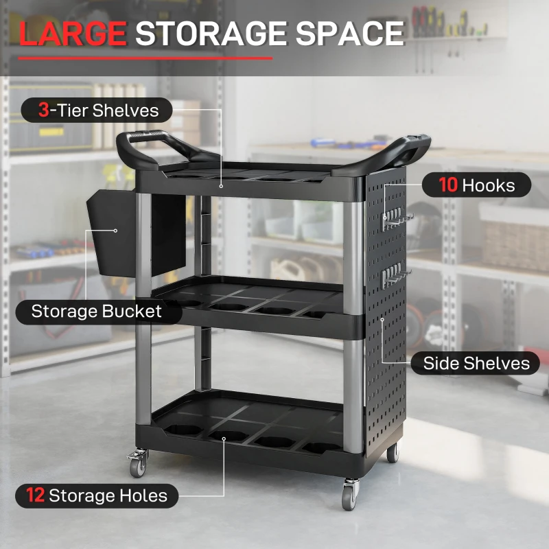 HOMCOM 3-Tier Rolling Tool Cart, 200 LBS Capacity Plastic Utility Cart with Side Shelf and Bucket, Black and Light Gray