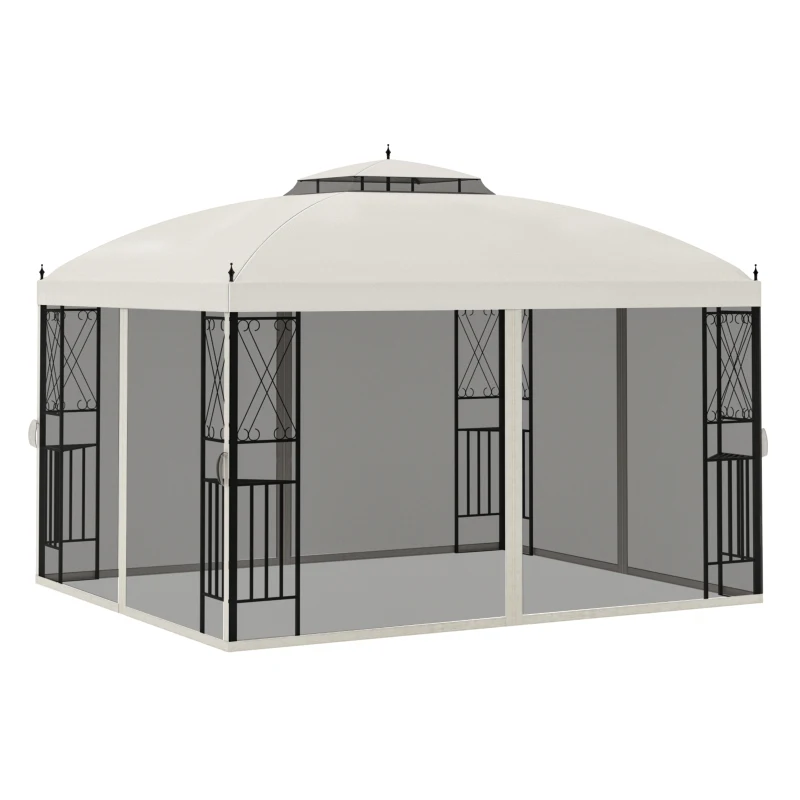 Outsunny 12' x 10' Outdoor Patio Gazebo Canopy with Double Tier Roof, Removable Mesh Sidewalls, Triangular Display Shelves, Beige