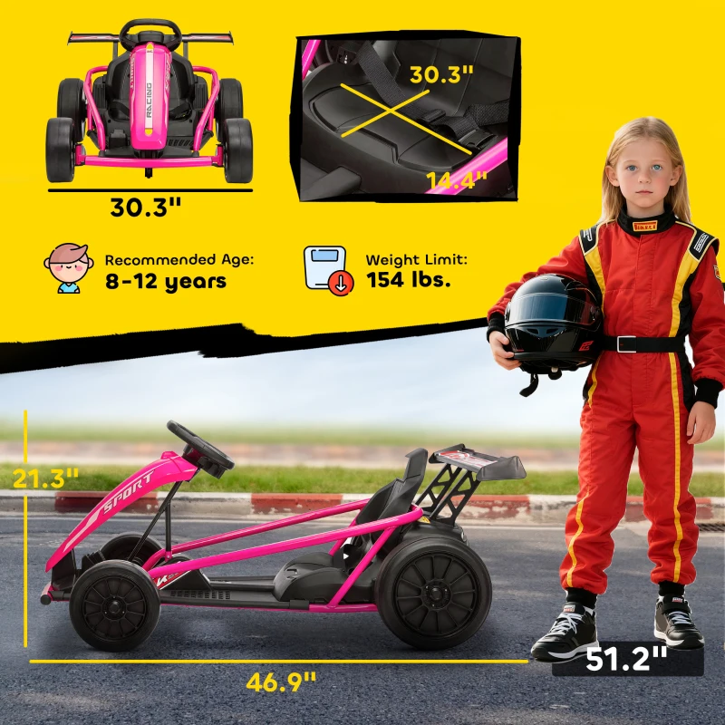 Qaba 24V 7AH Kids Electric Go Kart, 8.1 MPH Battery Powered Drift Kart with Dual Motors, Soft Start for 8-12 Years, Pink