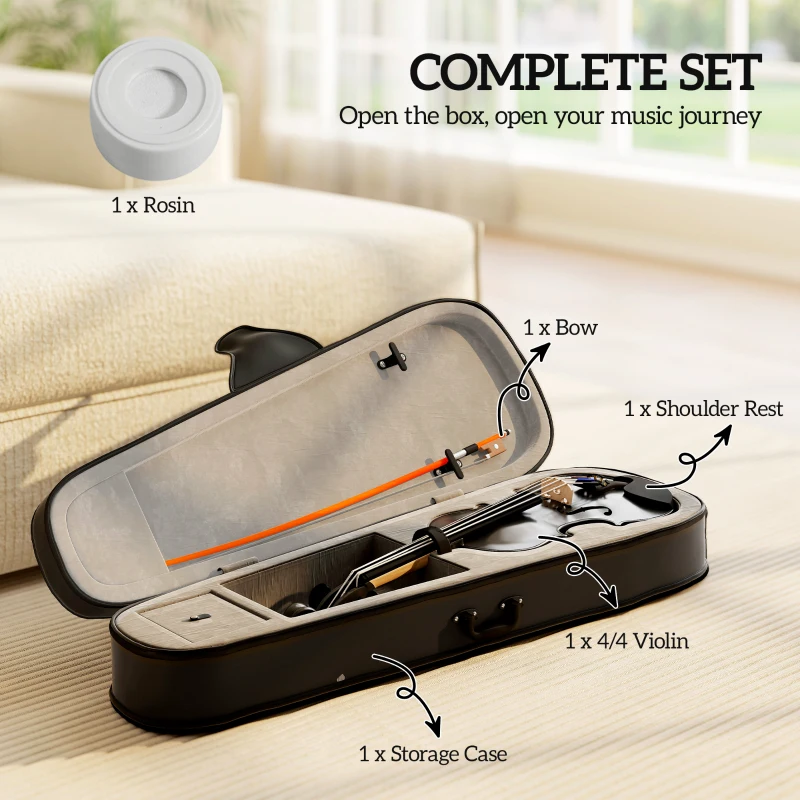 HOMCOM 4/4 Full Size Violin, Wood Acoustic Violin Set for Beginners, Adults, with Case, Rosin, Shoulder Rest, Black