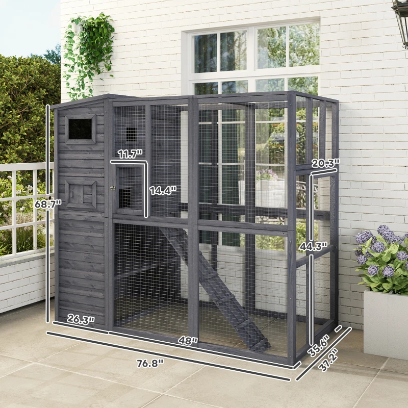 PawHut Wooden Outdoor Catio with Platforms, Asphalt Roof, Ramps, Gray
