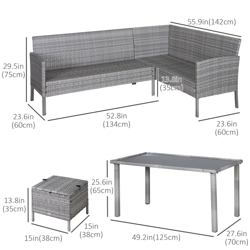 Outsunny 5 Pieces Wicker Patio Conversation Dining Furniture Set with Cushions, Table and Ottomans, Bright Blue