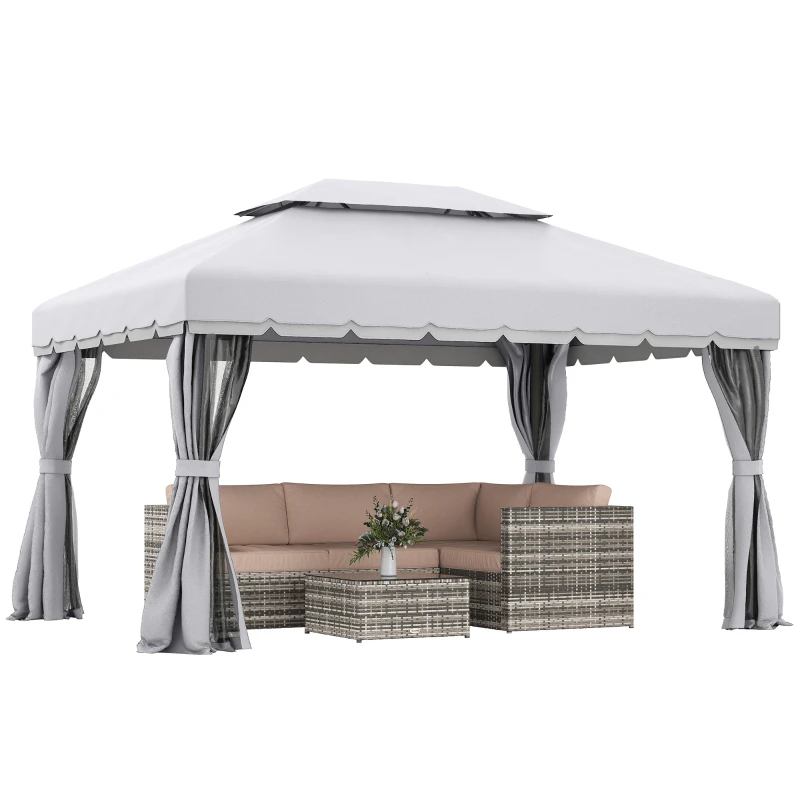 Outsunny 13' x 10' Outdoor Patio Gazebo Canopy with 2-Tier Polyester Roof  Vented Mesh Sidewall & Strong Aluminum Frame Grey