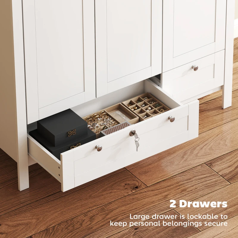 HOMCOM 3 Doors Wardrobe Closet with 2 Drawers, Bedroom Armoire with Lockable Drawer, Hanging Rod and Storage Shelves, White