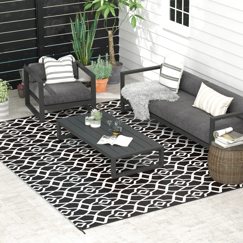 Outsunny Reversible Outdoor Rug Carpet RV Camping Rugs with Carry Bag, 9' x 12', Black & White Clover
