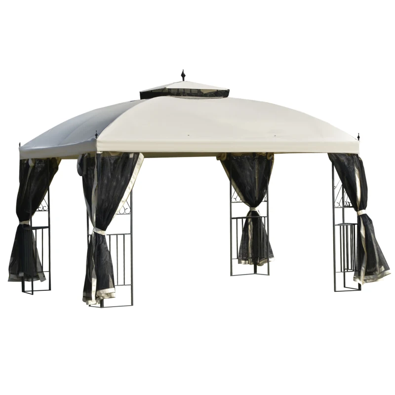 Outsunny 12' x 10' Outdoor Patio Gazebo Canopy with Double Tier Roof, Removable Mesh Sidewalls, Triangular Display Shelves, Beige