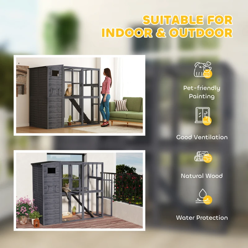 PawHut Wooden Outdoor Catio with Platforms, Asphalt Roof, Ramps, Gray