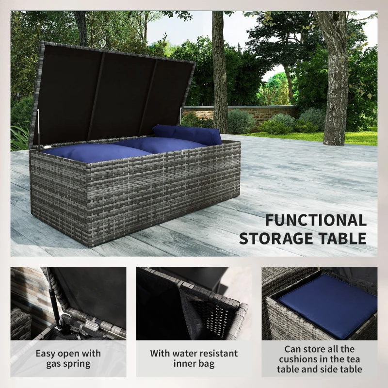 Outsunny 6 Pieces Wicker Patio Furniture Set with Cushions, 7-Seater Rattan Patio Sofa Set with Storage Table, Navy Blue