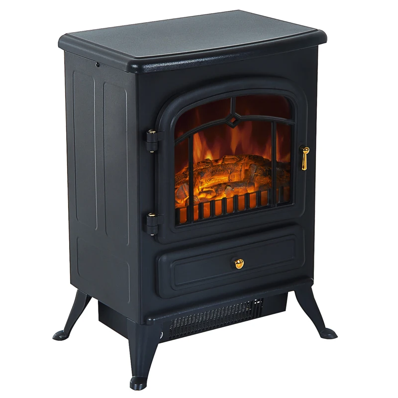 HOMCOM 16" Freestanding Electric Fireplace Heater Fire Stove with Wood Burning Flame 750/1500W Black