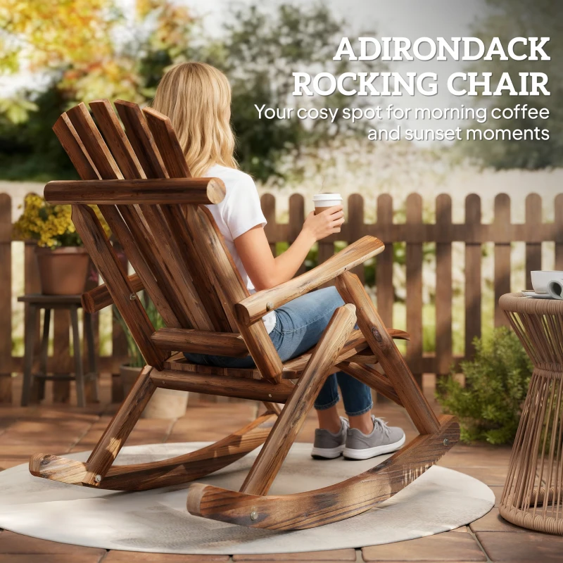 Outsunny Wooden Outdoor Rocking Chair, Oversized Adirondack Patio Rocker with High Back and Slatted Seat, Carbonized