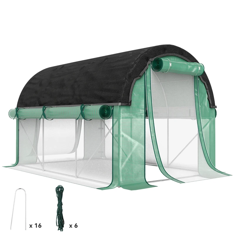 Outsunny Walk-in Tunnel Greenhouse, Plant Hot House with Sunshade Net, Roll-up Mesh Sidewalls, 2 Doors, 6.6' x 10' x 6.5' , Green