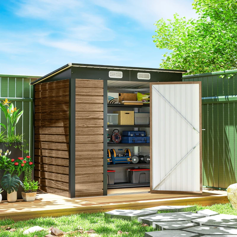Outsunny 6' x 4' Galvanized Garden Storage Shed, Metal Outdoor Shed with Double Doors and 2 Vents, Teak