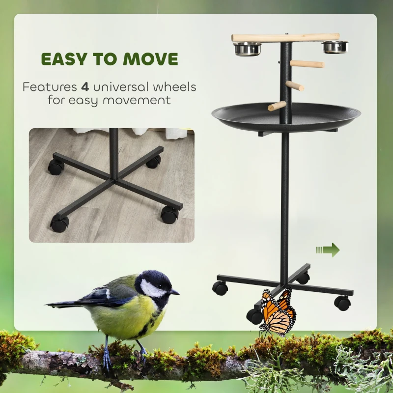 PawHut Portable Bird Play Stand, Parrot Perch Bird Feeder Station with Wheels, Stainless Steel Feeding Bowls, Tray, Gray