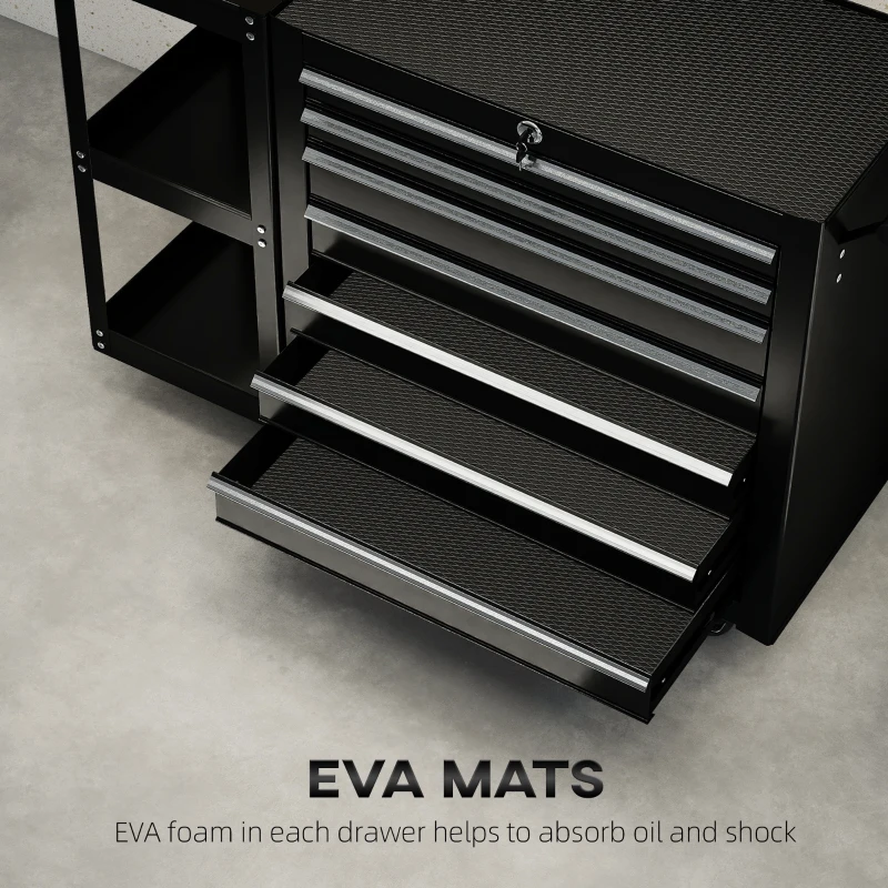 HOMCOM 7-Drawer Rolling Tool Chest with Detachable Side Shelf, Lockable Tool Cabinet Box Organizer with Wheels, Black