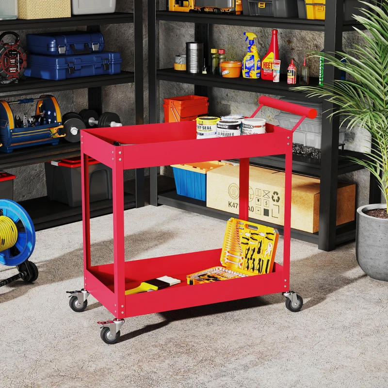 DURHAND Rolling Tool Cart, 2 Tier Mobile Service Utility Cart with Wheels, Red