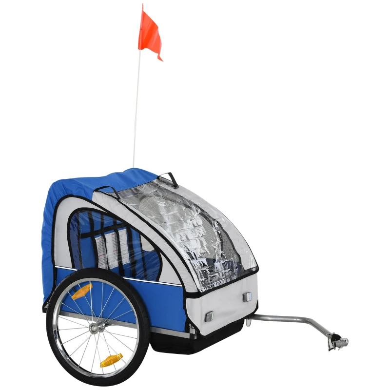 Aosom 2-Seat Child Bike Trailer for Kids with a Strong Steel Frame, 5-Point Safety Harnesses, & Comfortable Seat, Blue
