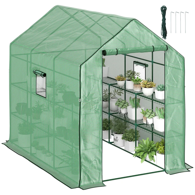 Outsunny Walk-in Greenhouse with 3 Tier, Garden Plant Growhouse with Roll-up Door and Mesh Windows, 140 x 213 x 190 cm, Green