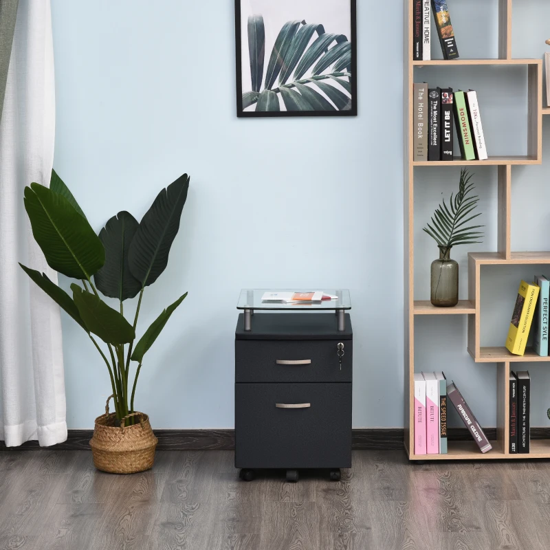 HOMCOM 2 Drawer Filing Cabinet with Lock, Vertical File Cabinet with Wheels, Mobile Office Cabinet for Letter, A4 Size Files, Black
