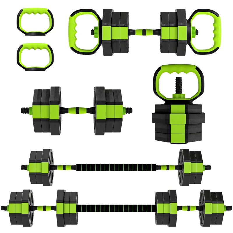 Soozier 6-in-1 Adjustable Dumbbell Set, Used as Kettlebell, Barbell, Dumbbell, Push-Up Stand, 44lbs Free Weights Set, Green