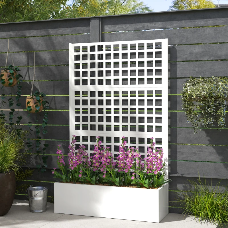 Outsunny Galvanized Raised Garden Bed Planter Box with Trellis for Climbing Plants, Vegetable, Vines, 43" x 16" x 70", White