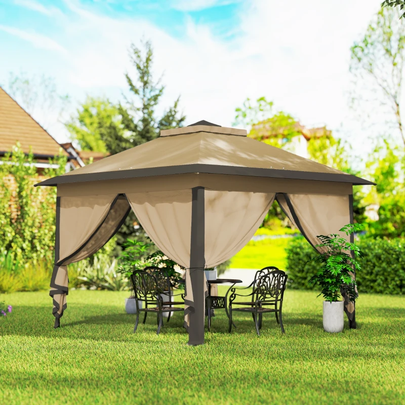 Outsunny 11' x 11' Pop Up Canopy, Double Roof Foldable Canopy Tent with Zipper Mesh Sidewalls, Height Adjustable and Carrying Bag, Event Tent for Patio Garden Backyard, Beige