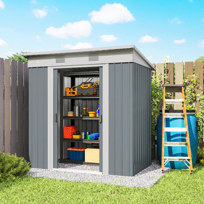 Outsunny 6' x 4' Outdoor Storage Shed, Metal Garden Shed with Lockable Sliding Doors and Vents, Grey