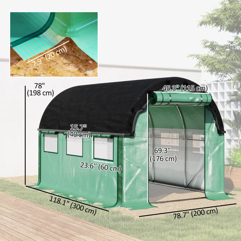 Outsunny Walk-in Tunnel Greenhouse, Plant Hot House with Sunshade Net, Roll-up Mesh Sidewalls, 2 Doors, 6.6' x 10' x 6.5' , Green