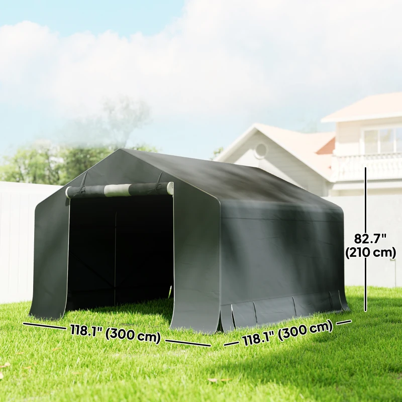 Outsunny 10' x 10' Portable Shed, Waterproof Bike Tent with Roll-up Zipper Door and Reinforced Galvanised Metal Frame, Dark Grey