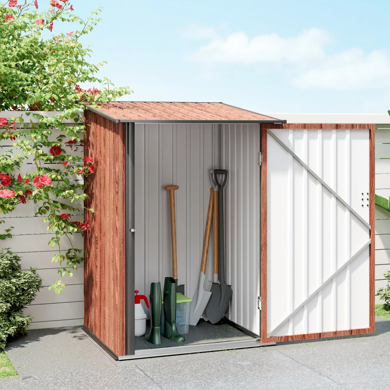Outsunny 3.3' x 3.4' Lean-to Garden Storage Shed, Outdoor Galvanized Steel Tool House with Lockable Door for Patio, Teak