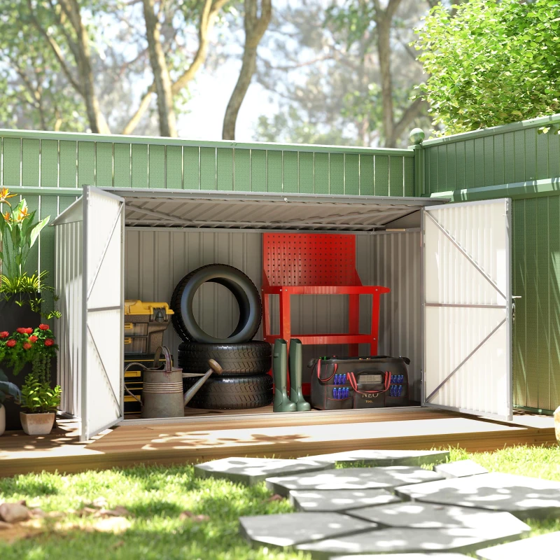 Outsunny 7.6 x 3.4ft Outdoor Storage Shed, 3 Garbage Bin Shed Organizer with Lockable Double Doors, Openable Lid, Silver Grey