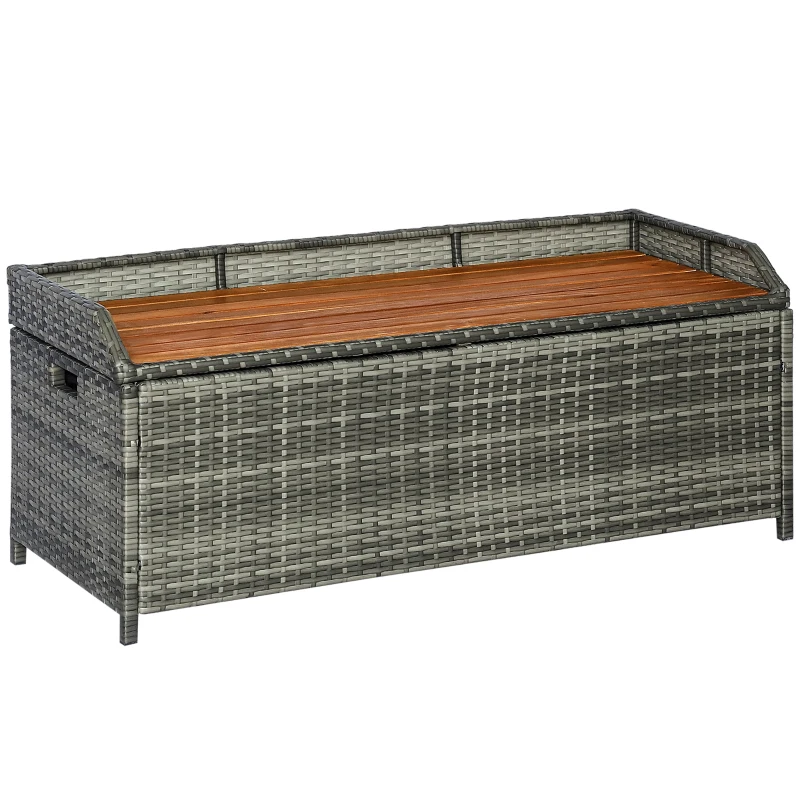 Outsunny Patio Wicker Storage Bench Box, Outdoor Garden PE Rattan Pool Storage Deck Bin Box w/ Natural Wood Top, Lid, Ideal for Storing Tools, Accessories and Toys, Mixed Gray
