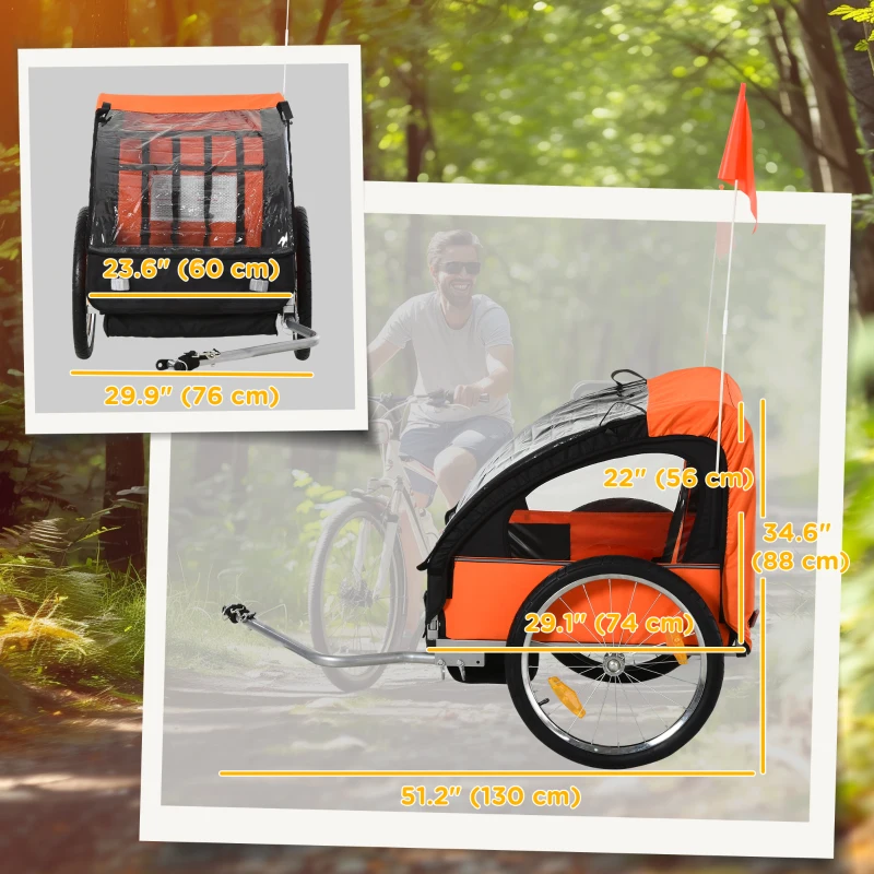 Aosom 2-Seat Child Bike Trailer for Kids with a Strong Steel Frame, 5-Point Safety Harnesses, & Comfortable Seat, Orange