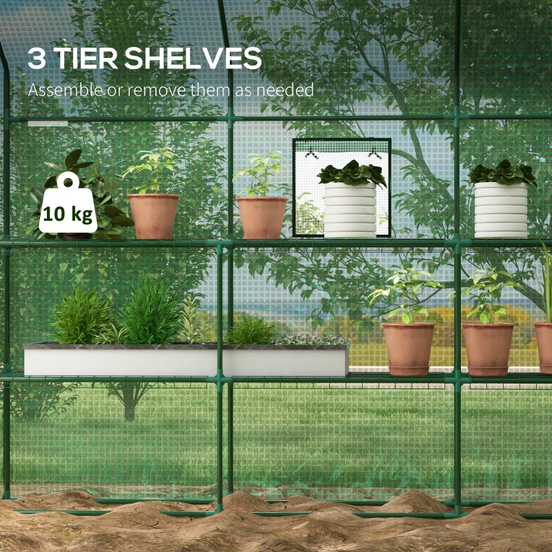 Outsunny Walk-in Greenhouse with 3 Tier, Garden Plant Growhouse with Roll-up Door and Mesh Windows, 140 x 213 x 190 cm, Green