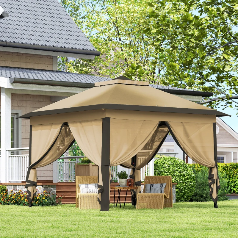 Outsunny 11' x 11' Pop Up Canopy, Double Roof Foldable Canopy Tent with Zipper Mesh Sidewalls, Height Adjustable and Carrying Bag, Event Tent for Patio Garden Backyard, Beige
