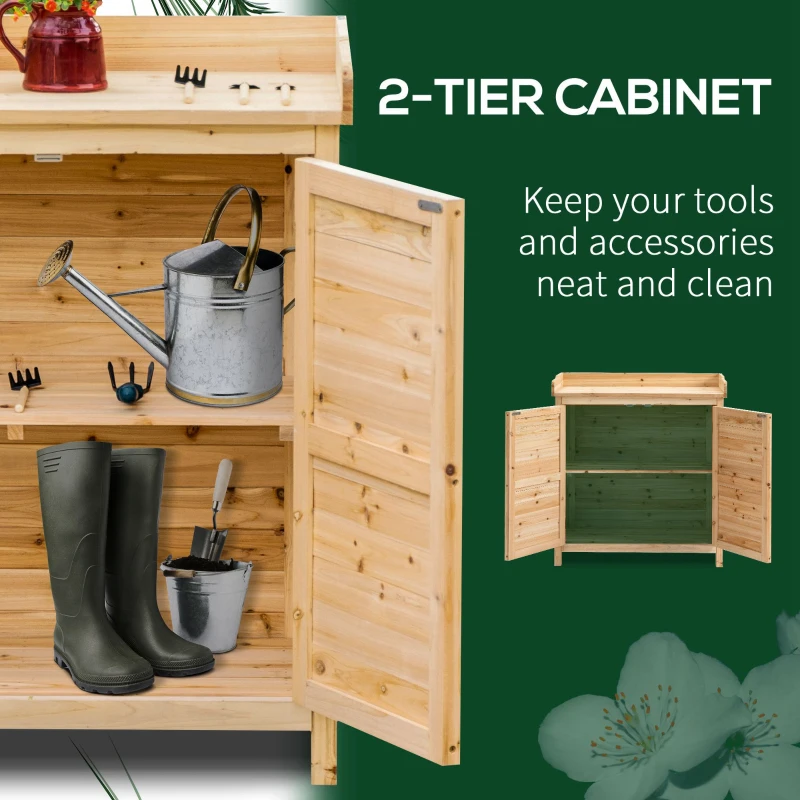 Outsunny Wood Garden Shed, Compact Outdoor Storage Cabinet Potting Shed with Inner Shelf and Double Doors for Backyard, Natural
