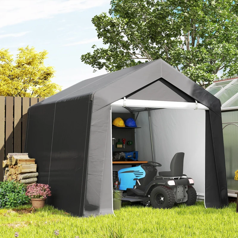 Outsunny 10' x 10' Outdoor Storage Shed Portable Garage with Roll-up Door for Motorcycle, Bike, Garden Tools, Dark Grey