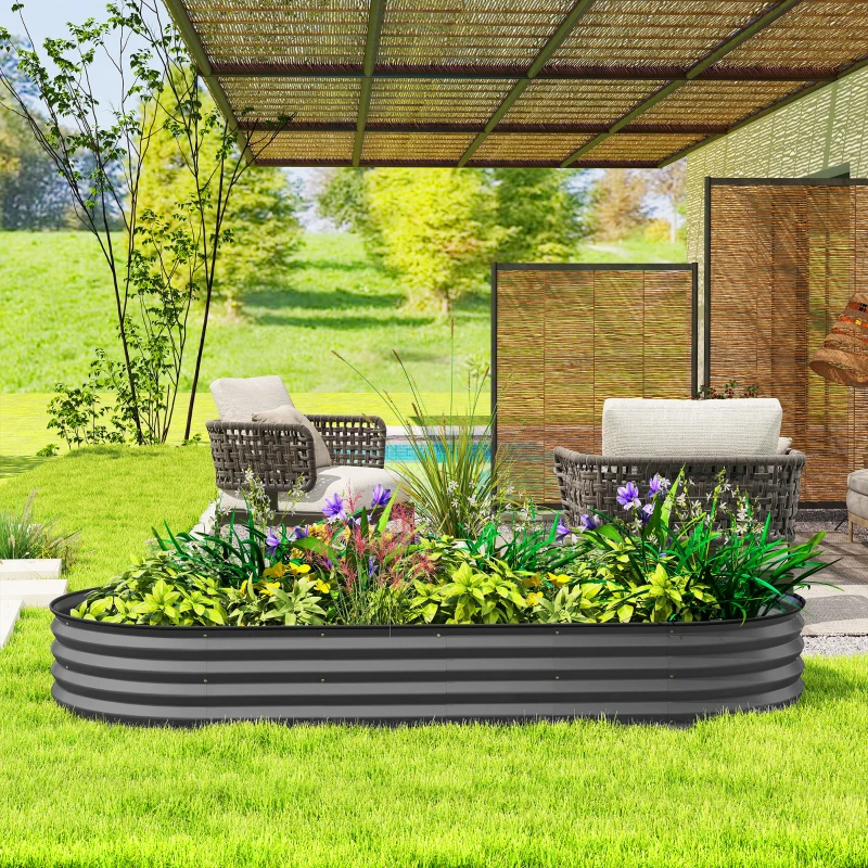 Outsunny 7' x 3' x 1' Large Outdoor Planter Box, Galvanized Raised Garden Bed with Metal Plant Stake, Dark Grey