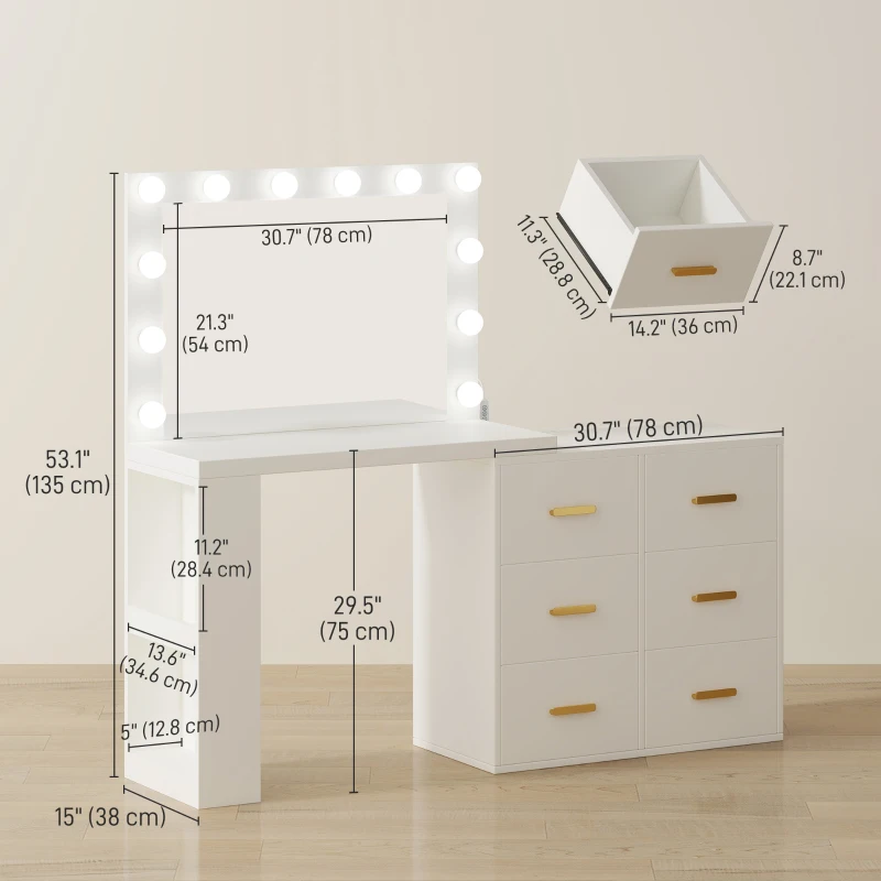 HOMCOM Vanity Desk with Mirror and 12 LED Lights, Makeup Table w/ Power Outlet, 3 Light Colour, 6 Drawers and 2 Shelves, White
