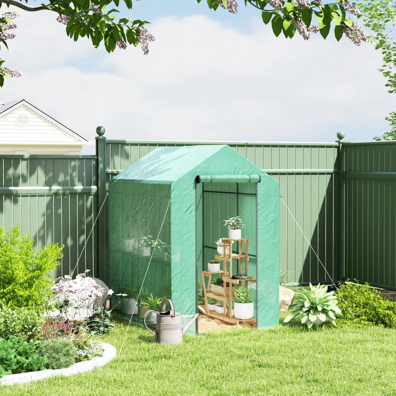 Outsunny Walk-in Greenhouse Outdoor Portable Plant Flower Growth Warm House with Roll-up Door, 73" x 47" x 75", Green