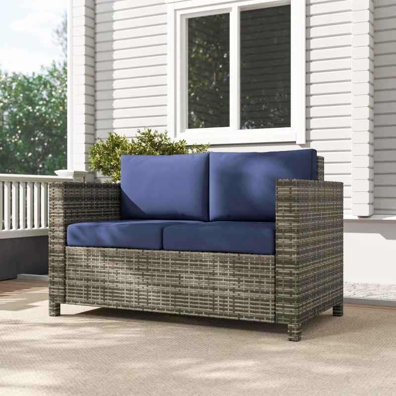 Outsunny Wicker Outdoor Sofa, All Weather Patio Couch Loveseat with Cushions for Balcony, Deck, Garden, Poolside, Dark Blue