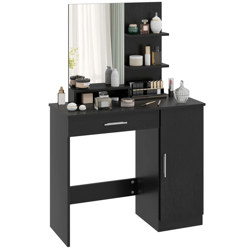 HOMCOM Vanity Desk with Mirror, Makeup Vanity w/ Drawer, Open Compartment and Shelves, Cabinet, Adjustable Shelves for Bedroom